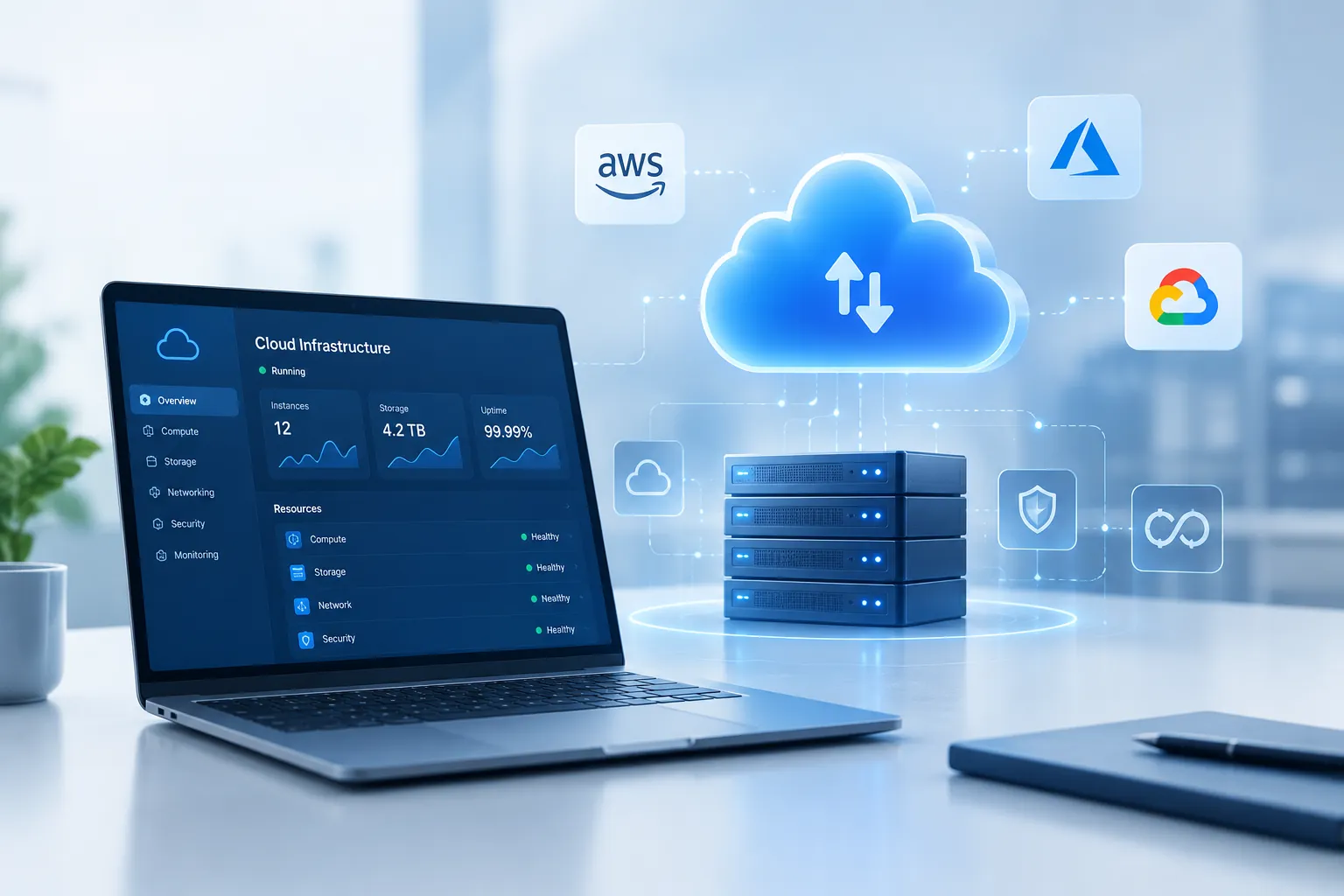 Laptop showing cloud infrastructure with AWS, Azure and Google Cloud icons