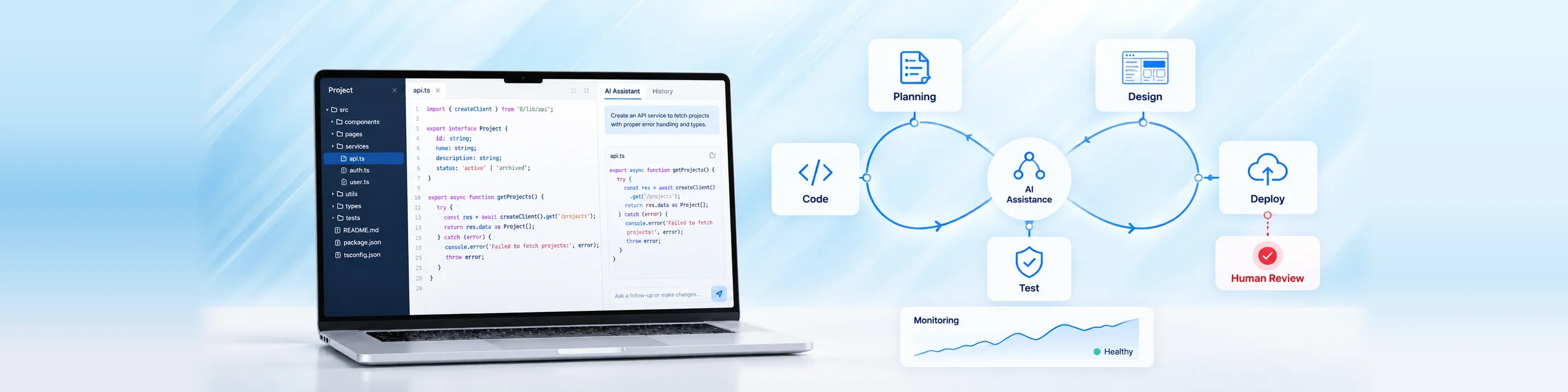 Software team working together in a modern office, with a rising progress line