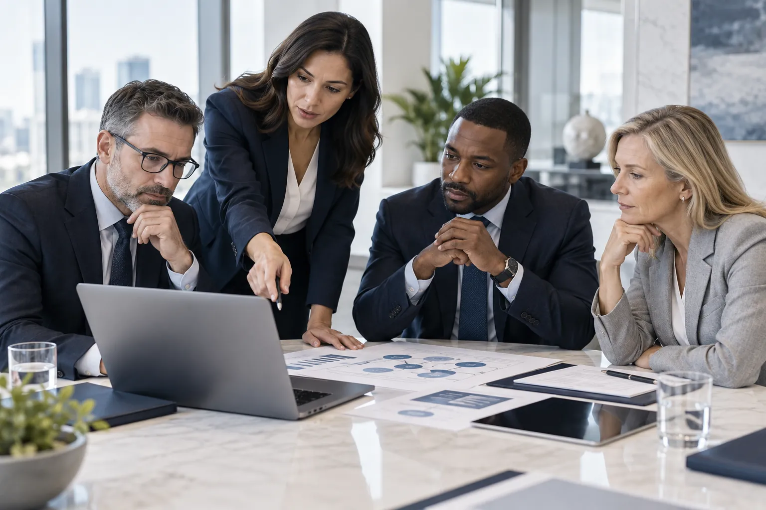 Business leaders reviewing AI governance and risk around a meeting table