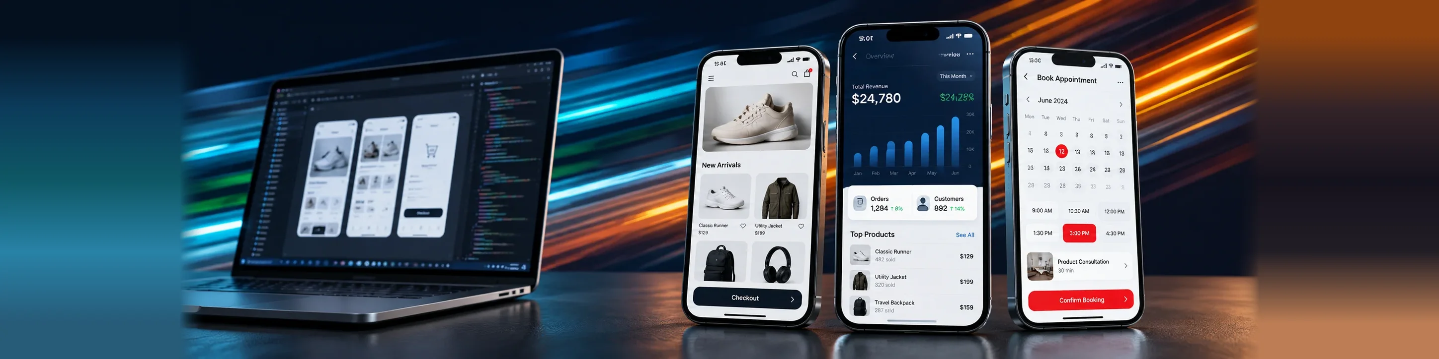 Shopping, analytics and booking apps on three smartphones beside a laptop showing the app designs