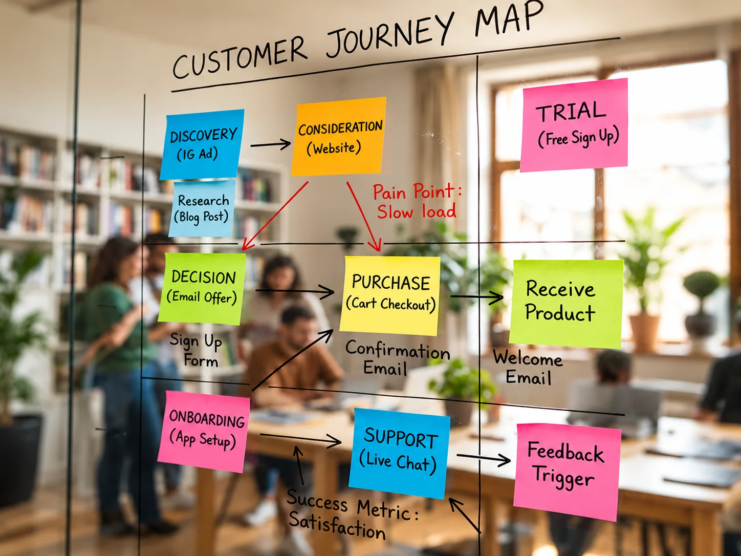 Customer journey map drawn with sticky notes on a glass wall in an office